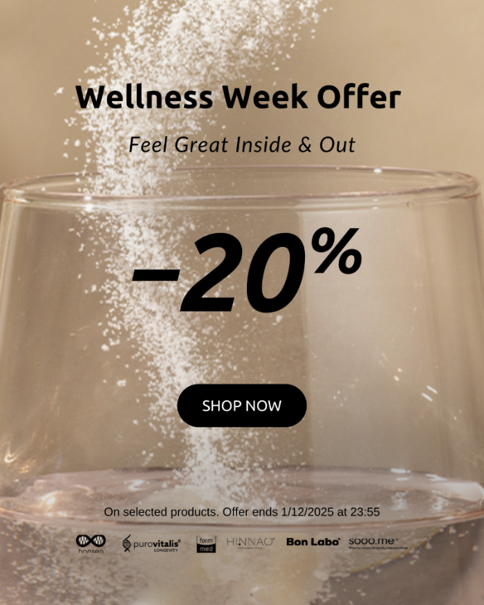 Promotional graphic for Wellness Week Offer with a glass of water and溶解ing powder, featuring a 20% discount.