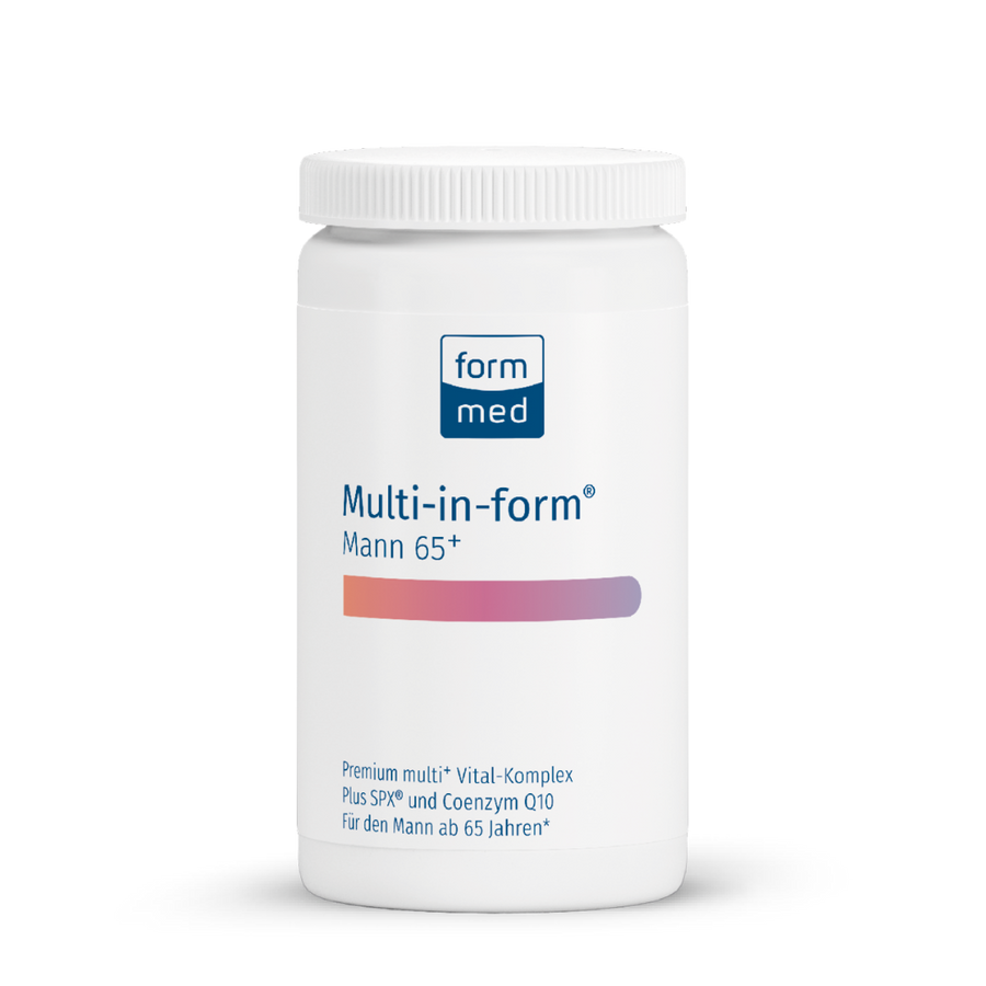 White supplement container labeled 'Multi-in-form Mann 65+' by form med on a white background