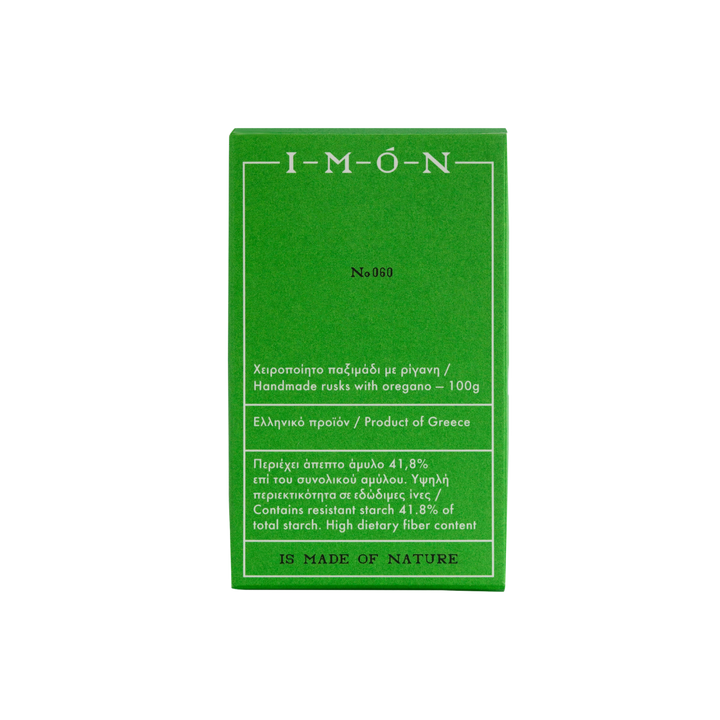A green rectangular box of I-MÓN No. 983 handmade rice cakes with oregano, featuring white text on a plain white background.