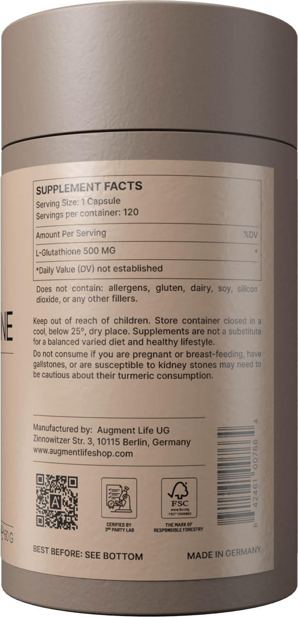 Back label of L‑Glutathione 500 mg capsules showing ingredients and dosage