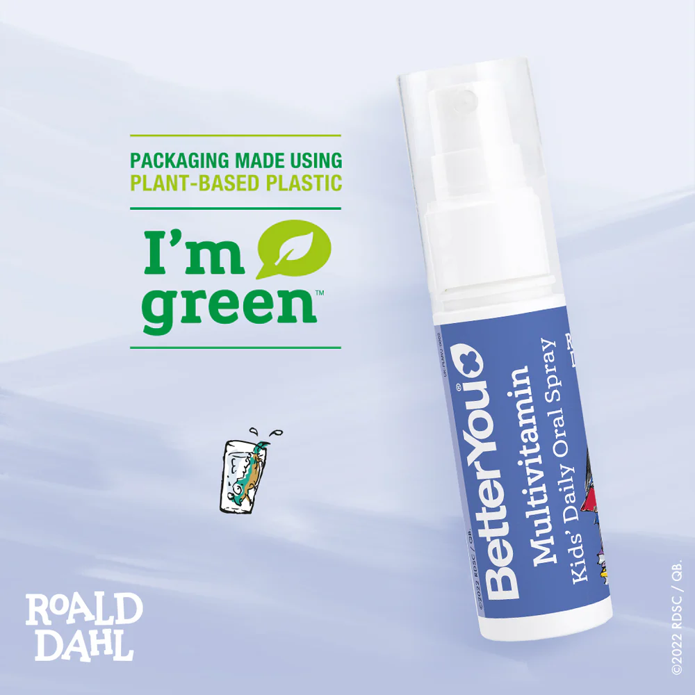 BetterYou Kids' Daily Oral Spray with 'I'm green' label on a light blue background