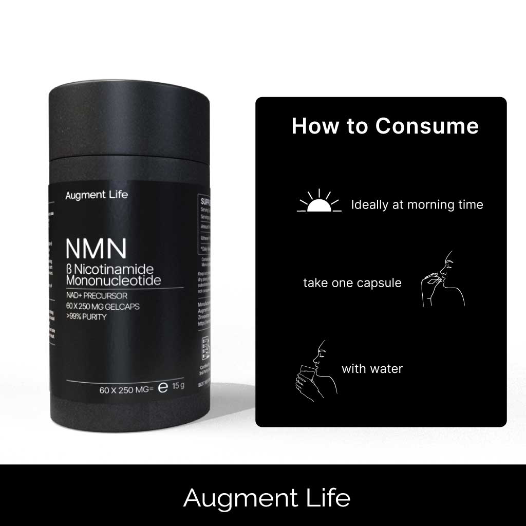 Black supplement container labeled 'Augment Life' with a 'How to Consume' card on a white background.
