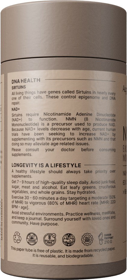 Supplement container with text on a beige background