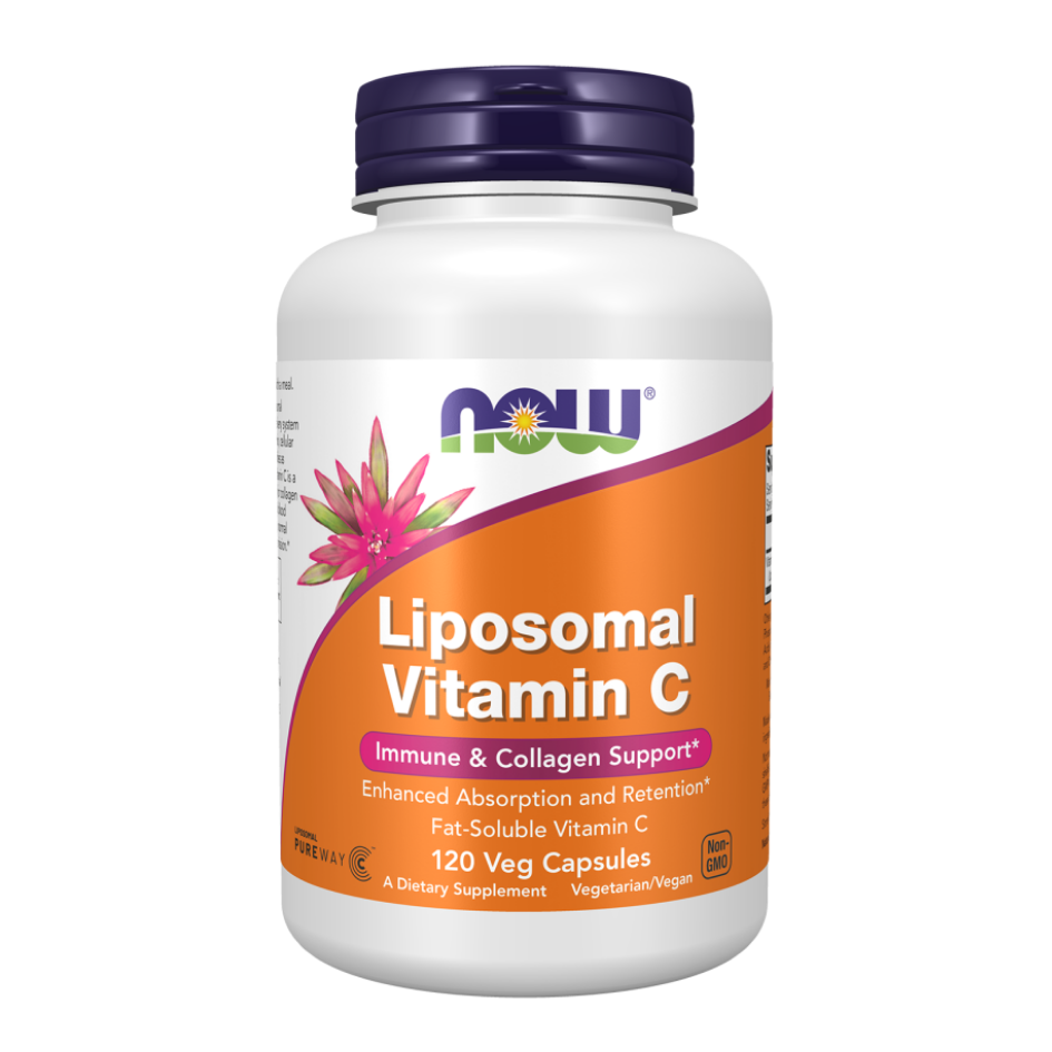 Supplement bottle labeled 'Liposomal Vitamin C' by NOW on a white background