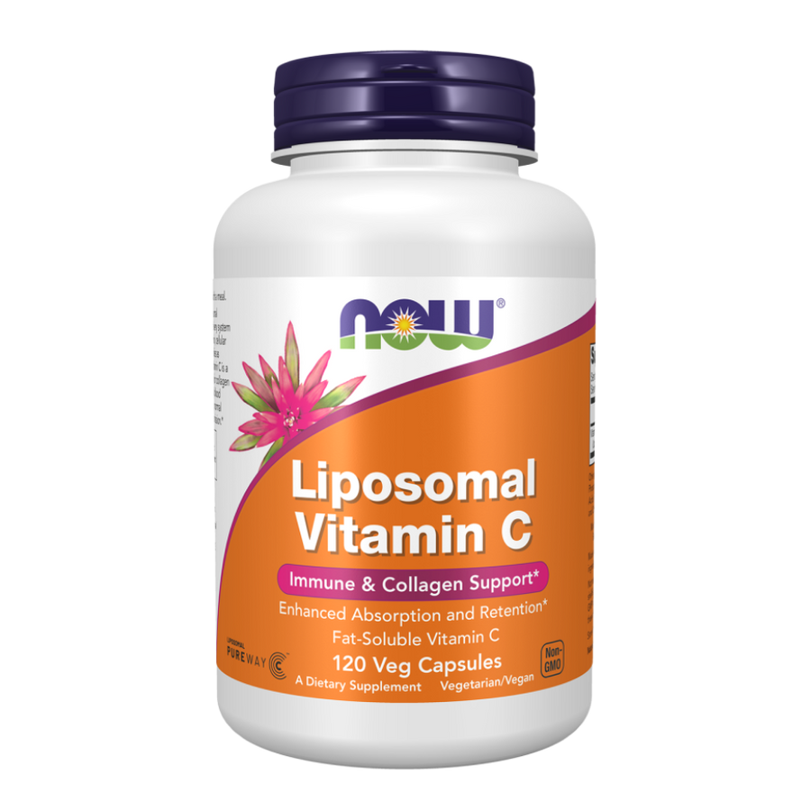 Supplement bottle labeled 'Liposomal Vitamin C' by NOW on a white background