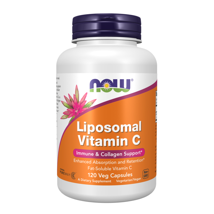 Supplement bottle labeled 'Liposomal Vitamin C' by NOW on a white background 