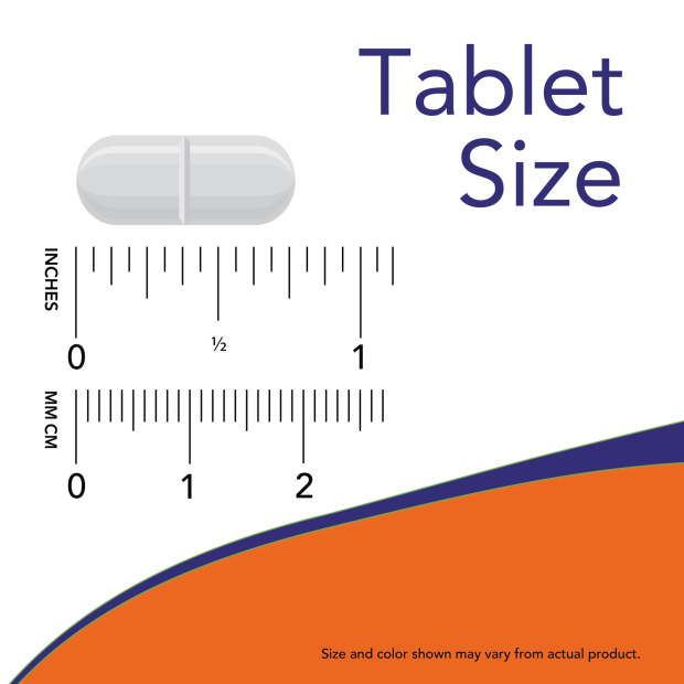 White pill on a white background with a ruler and measurement text.
