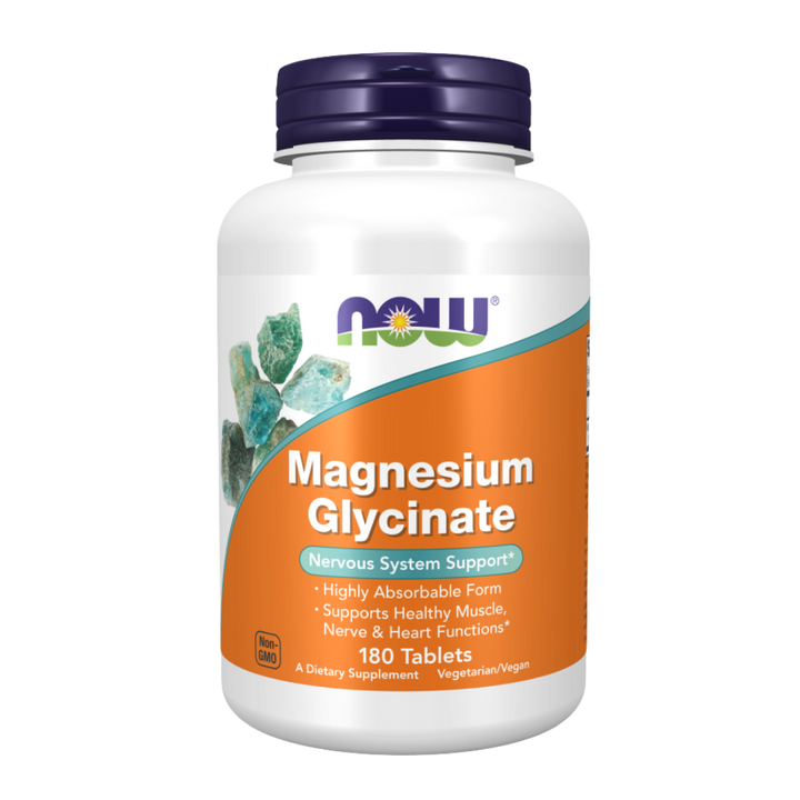 Supplement bottle labeled 'Magnesium Glycinate' by NOW on a white background