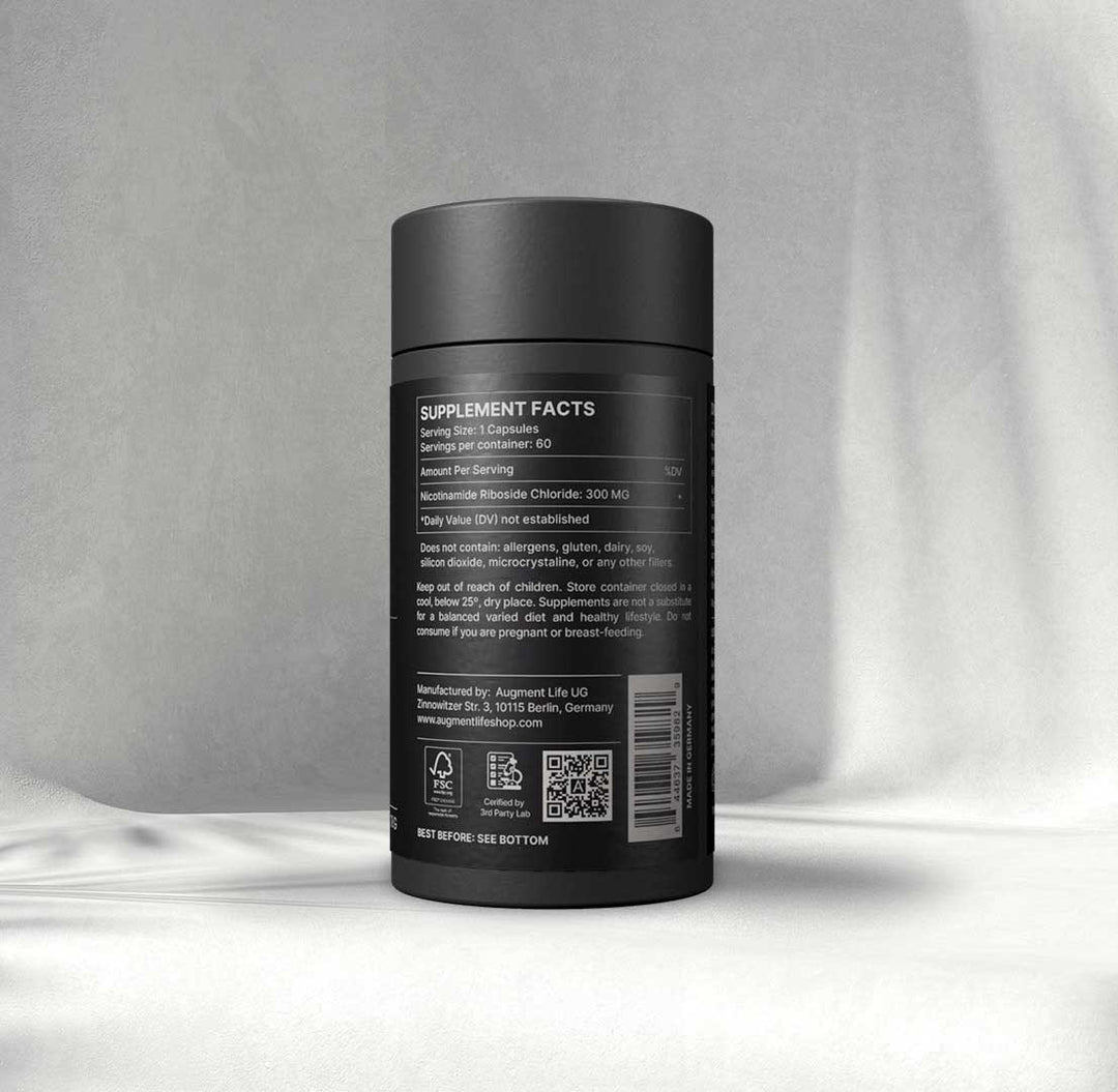 Back label of Nicotinamide Riboside NR 300 mg 60 capsules showing ingredients and dosage