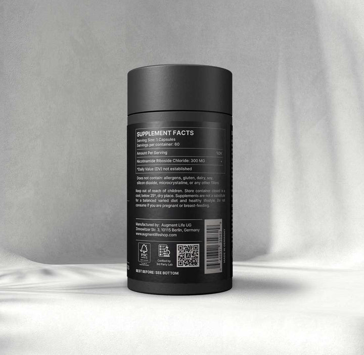 Back label of Nicotinamide Riboside NR 300 mg 60 capsules showing ingredients and dosage