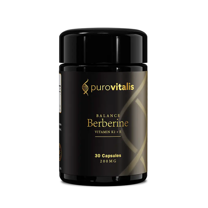 A black and gold bottle of Purovitalis Balance Berberine supplement with 30 capsules, labeled with the brand and product name.