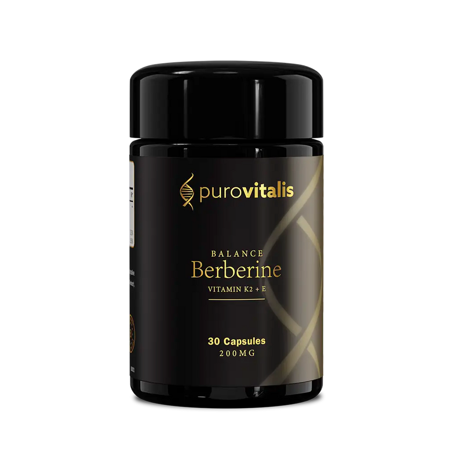 A black and gold bottle of Purovitalis Balance Berberine supplement with 30 capsules, labeled with the brand and product name.