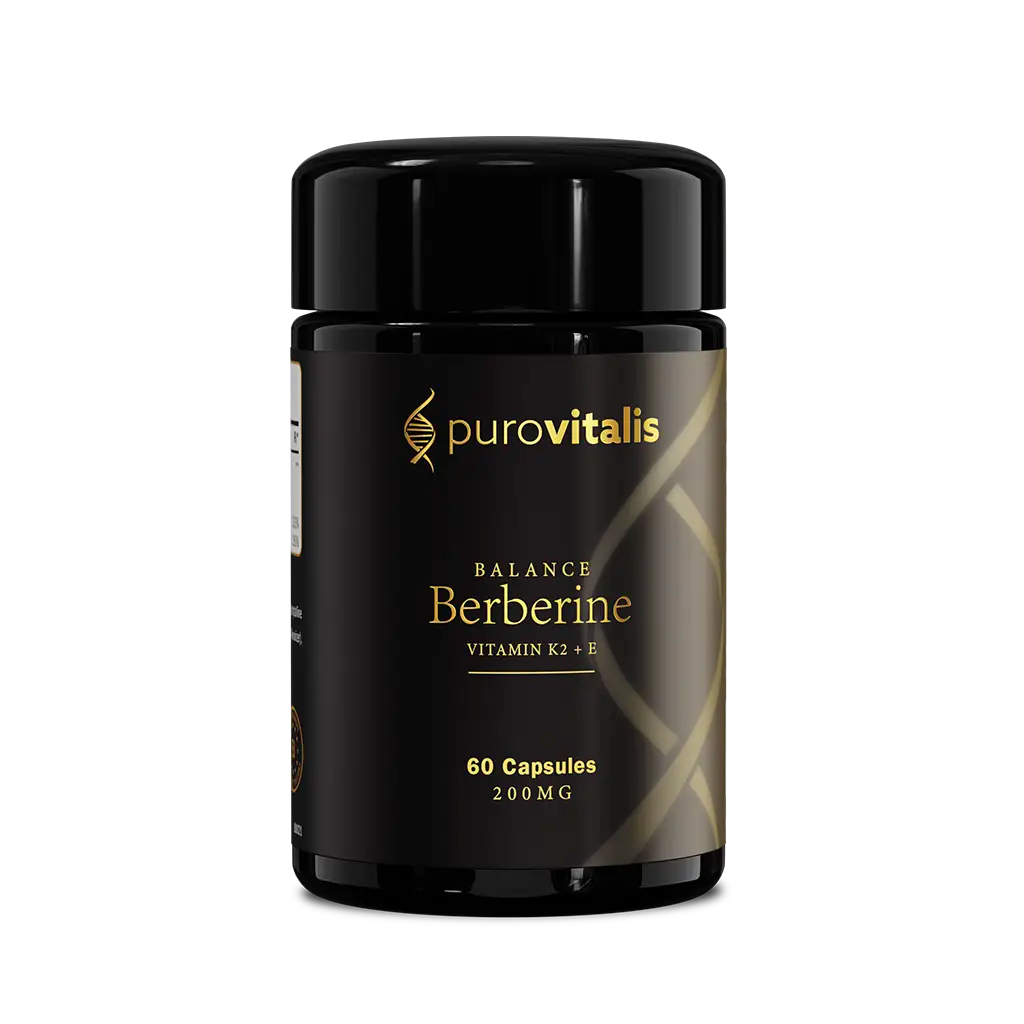 A black and gold bottle of Purovitalis Balance Berberine supplement with 60 capsules, labeled with the brand and product name.