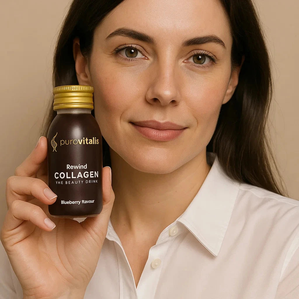 woman holding bottle of rewind collagen