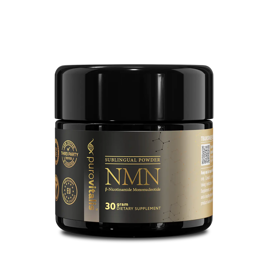 A black jar with a gold label that reads 'Purovitalis - Sublingual Powder NMN 30g'. The label also indicates '99% Pure α-Nicotinamide Mononucleotide' and includes a barcode.