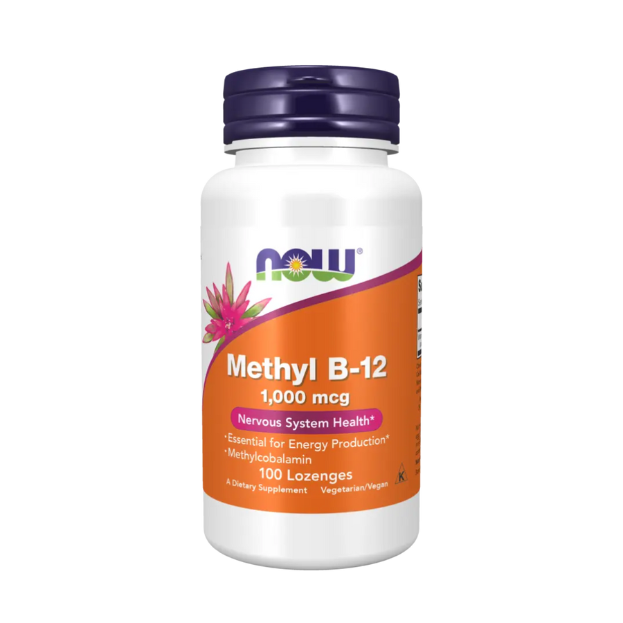Supplement bottle labeled 'Methyl B-12' with Now brand on a white background