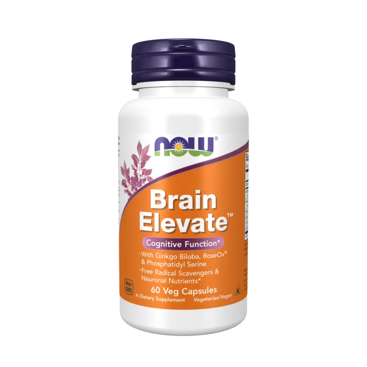 Supplement bottle labeled 'Brain Elevate' by NOW on a white background