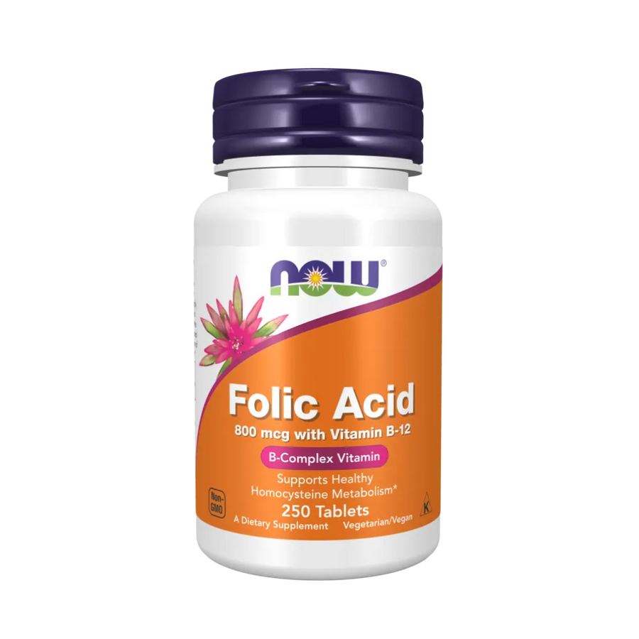 Supplement bottle of Folic Acid with Vitamin B-12 on a white background