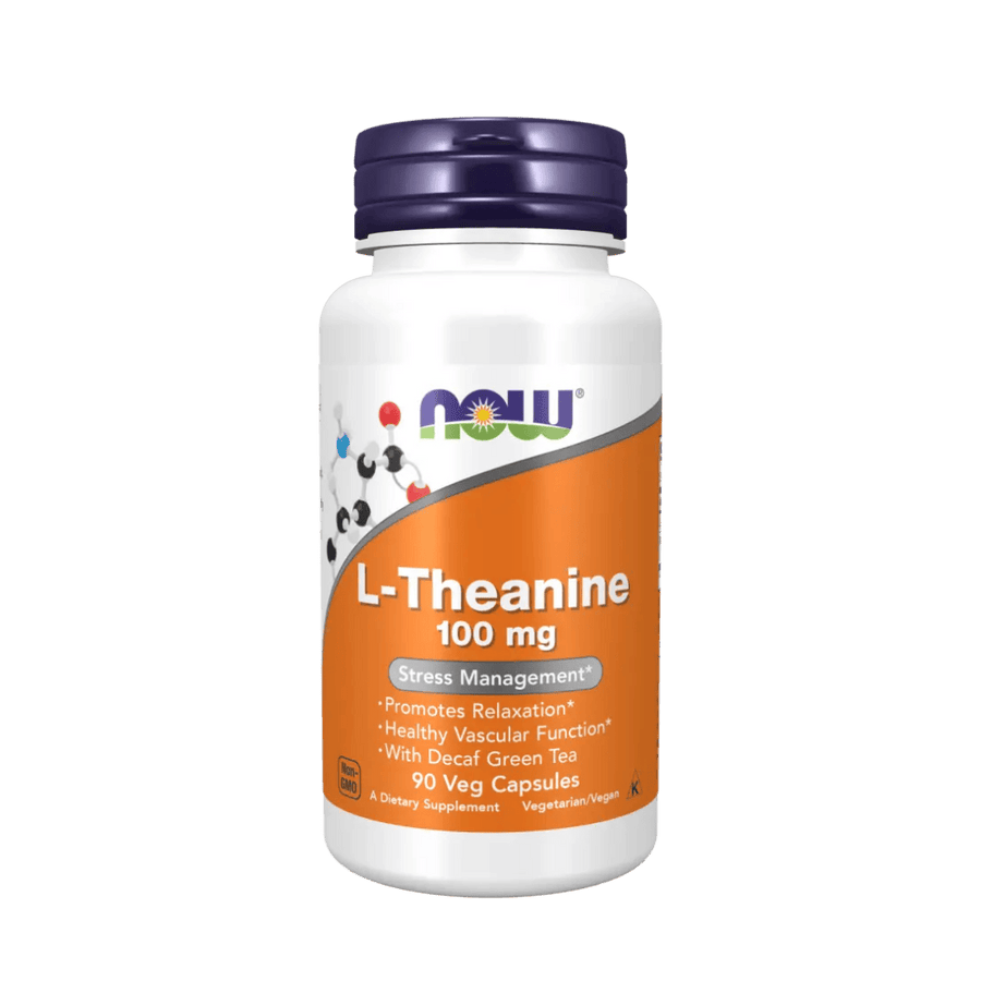 Supplement bottle labeled 'L-Theanine 100 mg' with NOW brand on a green background