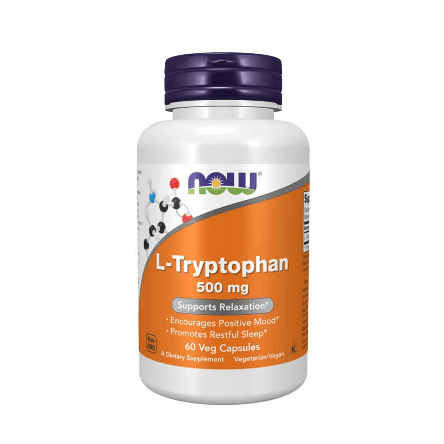 Supplement bottle labeled 'L-Tryptophan 500 mg' by NOW on a green background