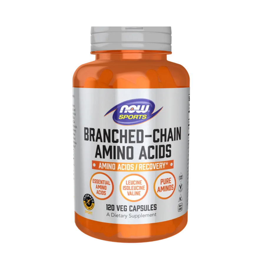 Supplement bottle labeled 'Branched-Chain Amino Acids' by NOW Sports on a white background