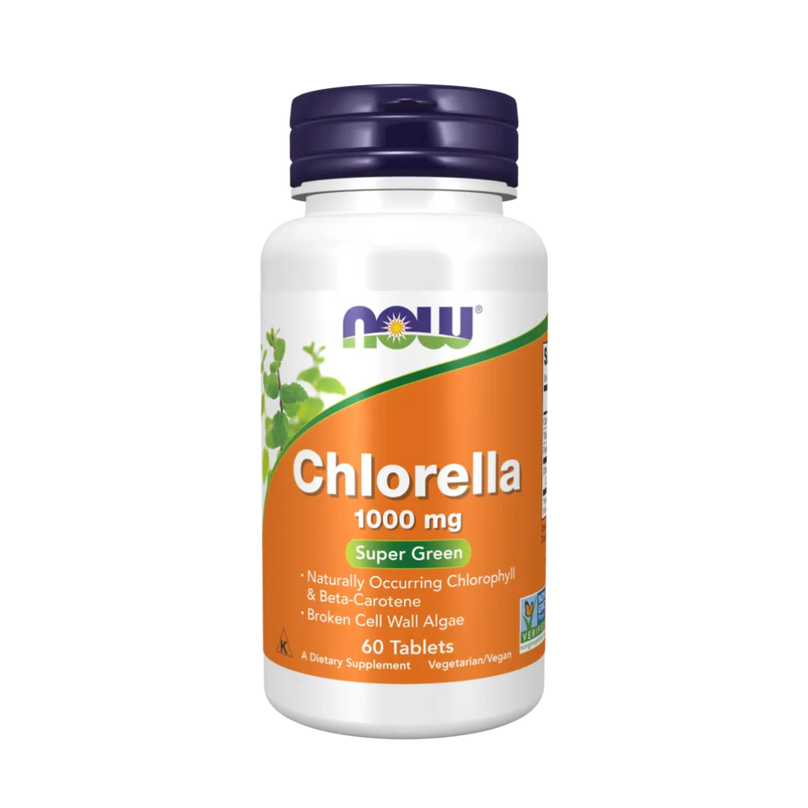 Chlorella supplement bottle with Now brand on a white background