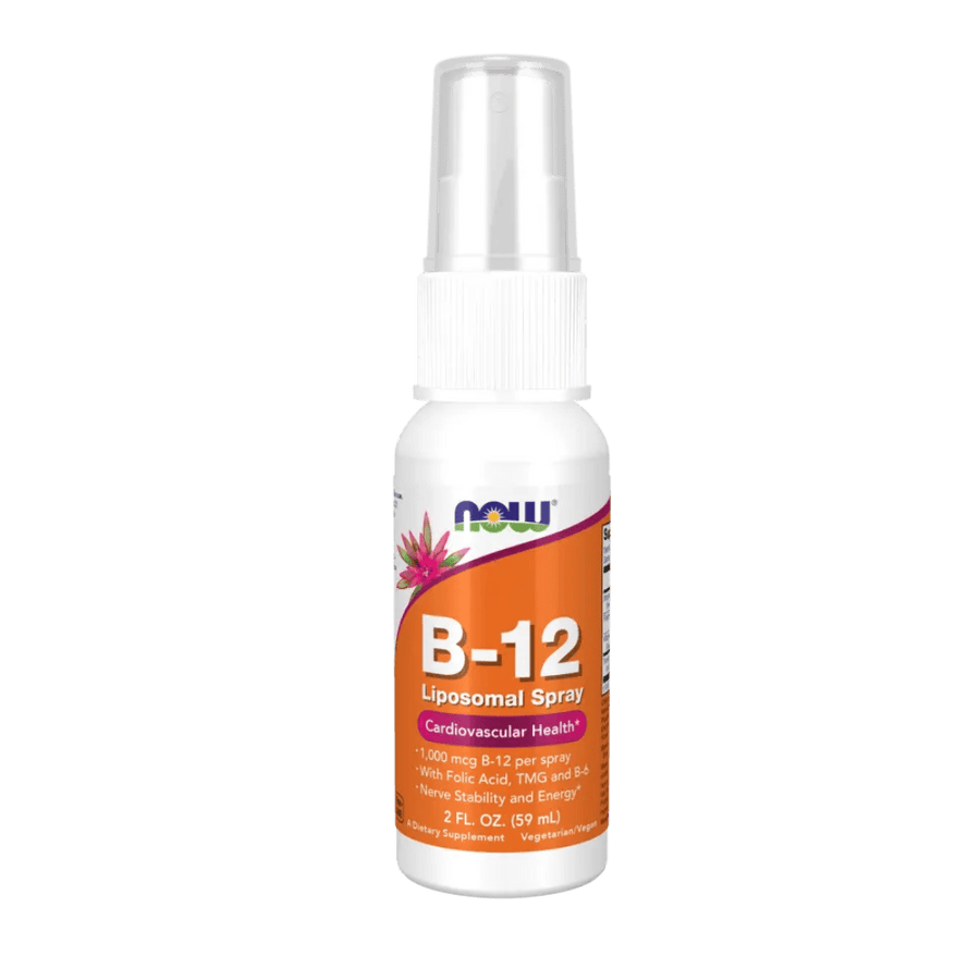 B-12 liposomal spray bottle with NOW brand on a green background