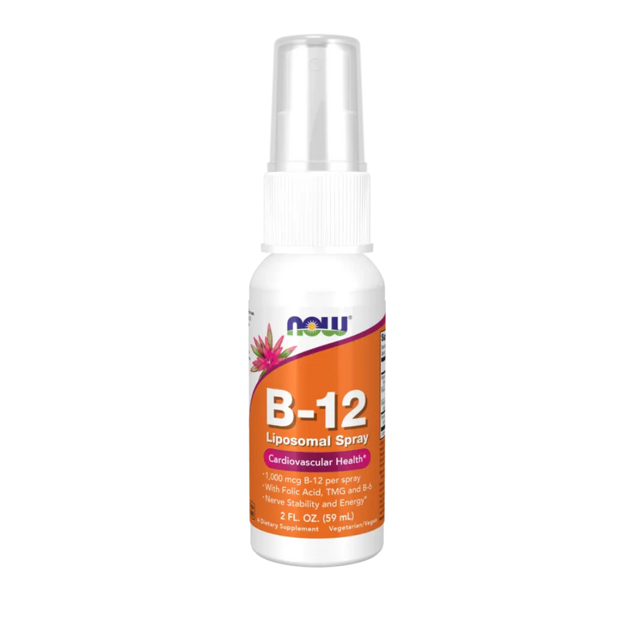 B-12 liposomal spray bottle with NOW brand on a white background
