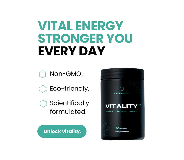VITALITY 2.0 by Life Unlocked — Magnesium, Vitamin D3 & K2 supplement for deep sleep, bone strength, heart health and daily vitality. EU-made, vegan capsules.