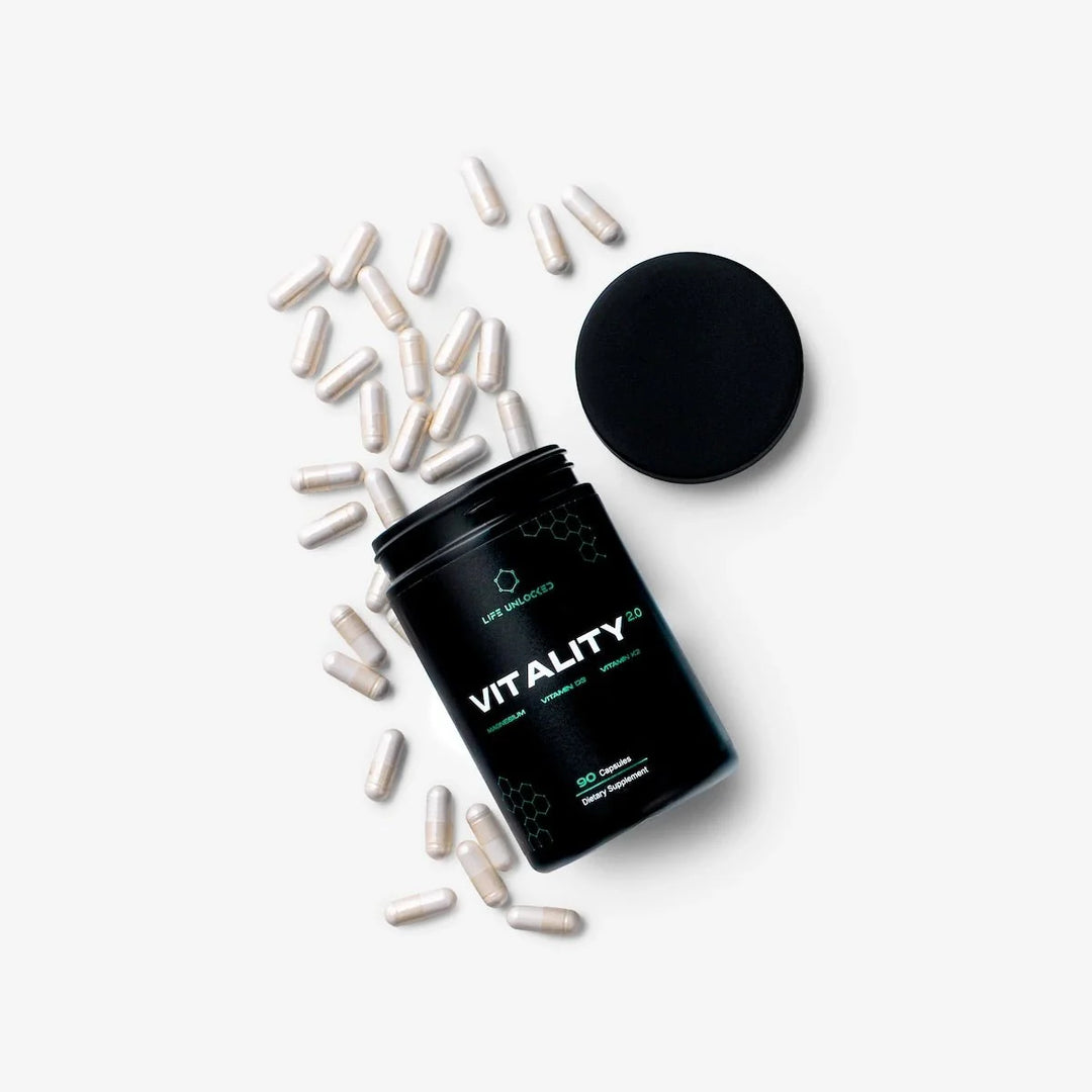VITALITY 2.0 by Life Unlocked — Magnesium, Vitamin D3 & K2 supplement for deep sleep, bone strength, heart health and daily vitality. EU-made, vegan capsules.