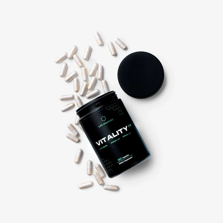 VITALITY 2.0 by Life Unlocked — Magnesium, Vitamin D3 & K2 supplement for deep sleep, bone strength, heart health and daily vitality. EU-made, vegan capsules.