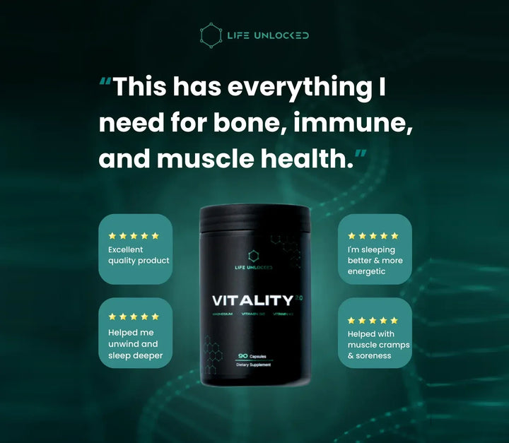 Supplement container labeled 'Vitality' with positive customer feedback on a dark background.