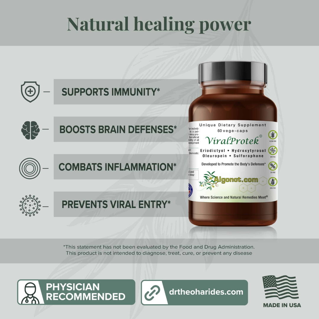 Supplement bottle labeled 'ViraProtek' with text highlighting natural healing benefits on a gray background.
