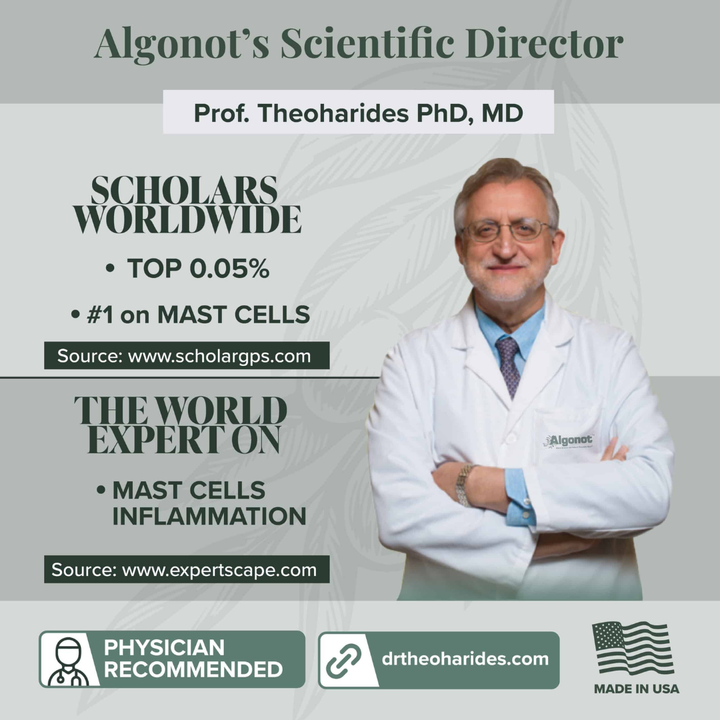 Advertisement featuring a man in a white coat with text about Algonot's Scientific Director, Prof. Theoharides PhD, MD.