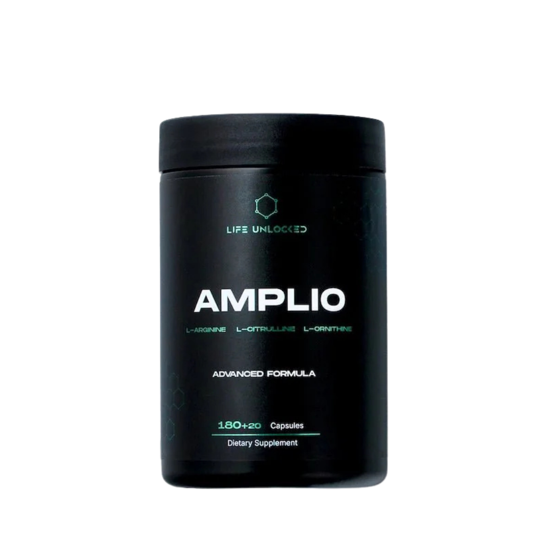 Black supplement container labeled 'AMPLIO' on a white background