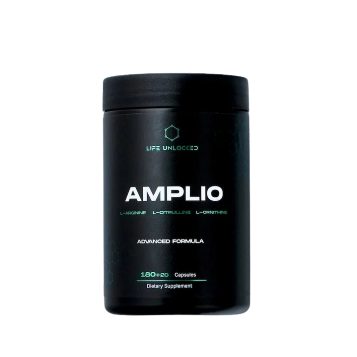 Black supplement container labeled 'AMPLIO' on a white background