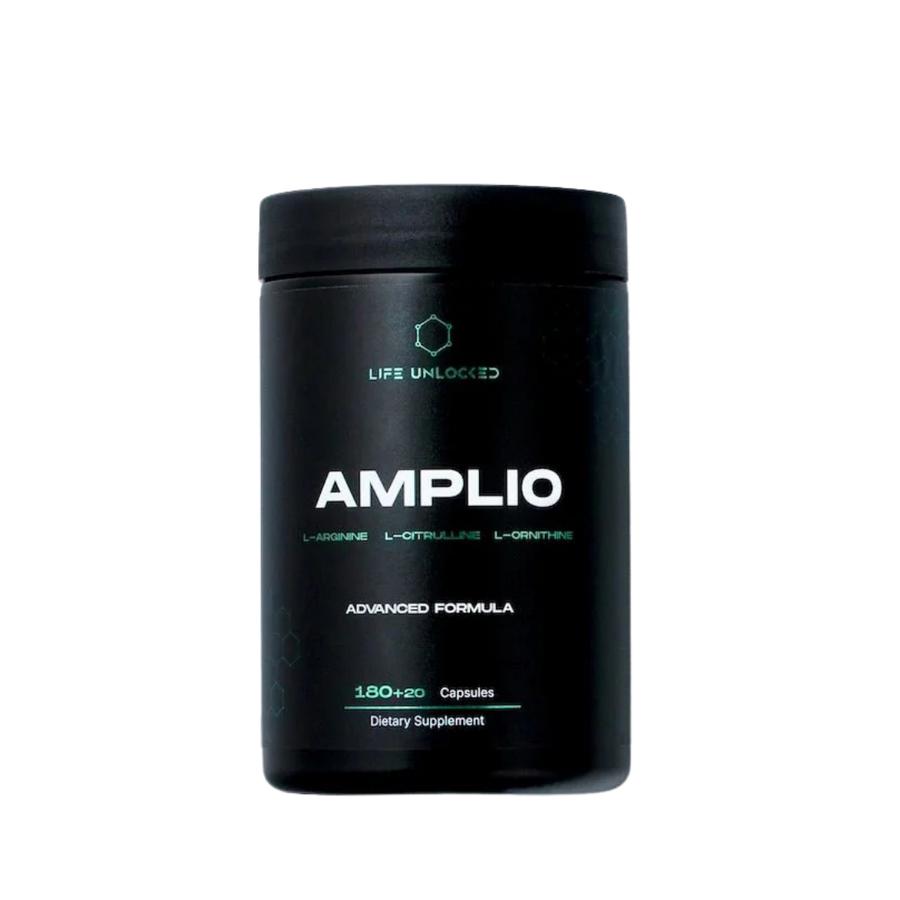 Black supplement container labeled 'AMPLIO' on a white background