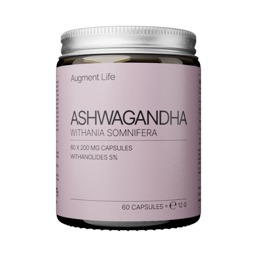 Jar of Ashwagandha capsules with a pink label on a white background