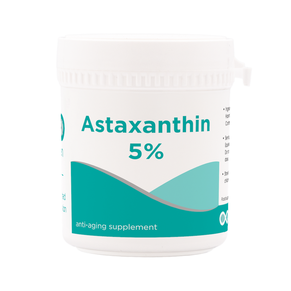 Container of astaxanthin supplement with teal label on a white background