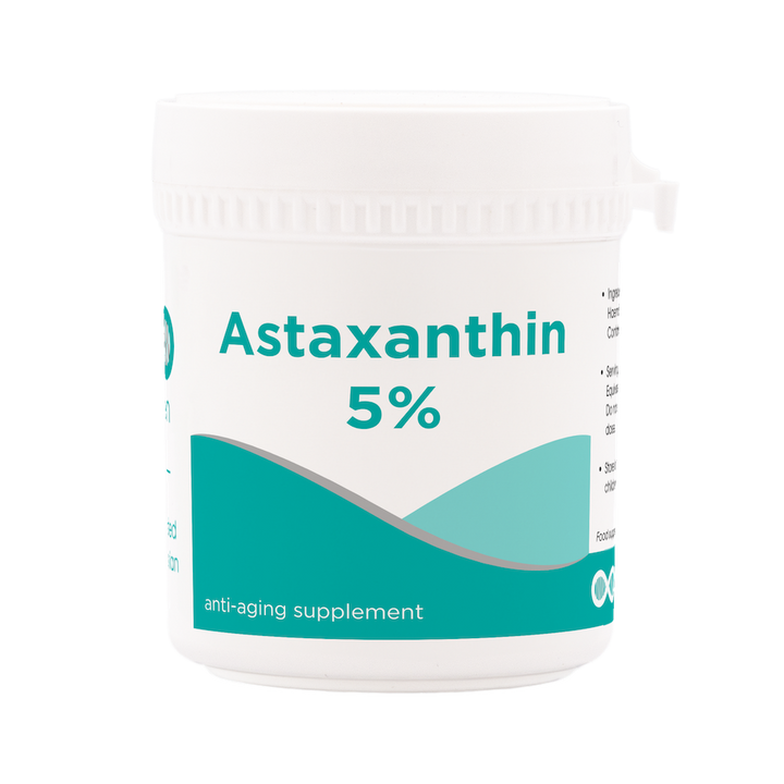 Container of astaxanthin supplement with teal label on a white background