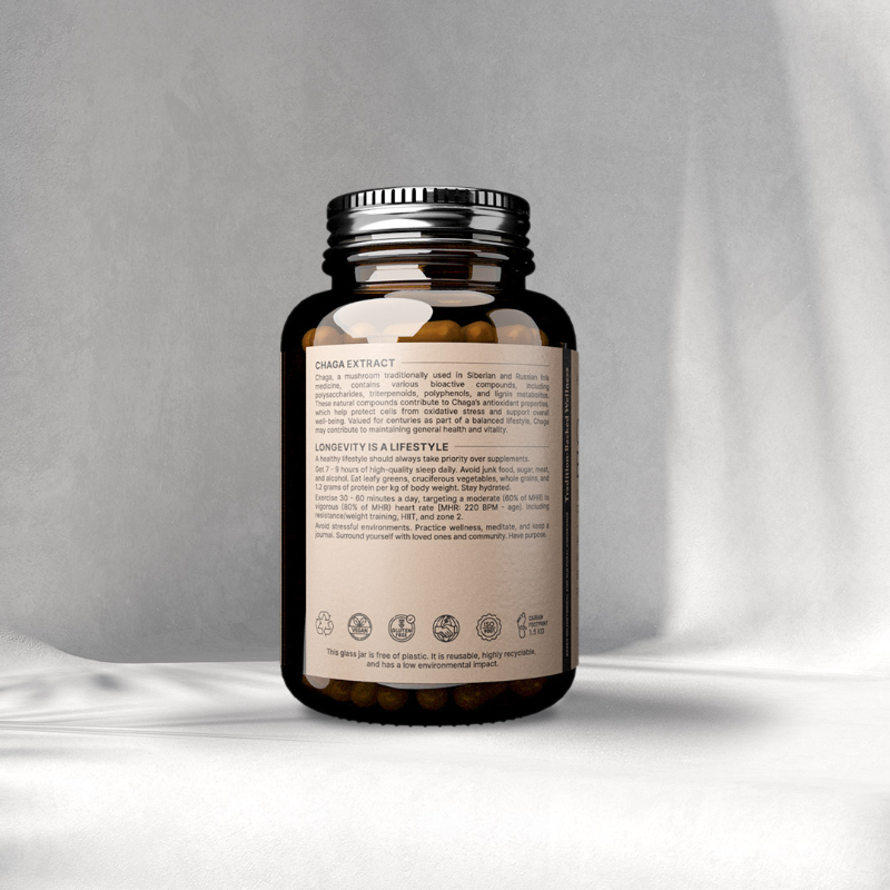 Brown supplement bottle with label on a gray background