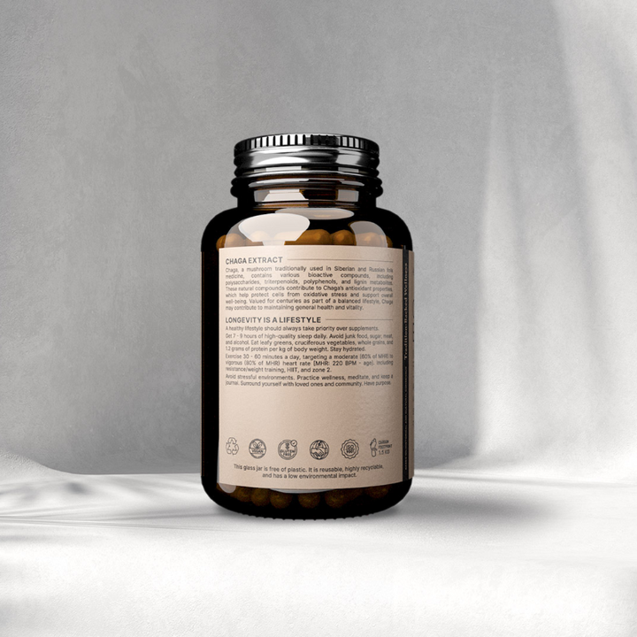 Brown supplement bottle with label on a gray background