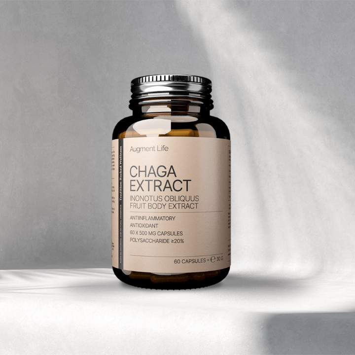 Bottle of Chaga Extract on a gray background
