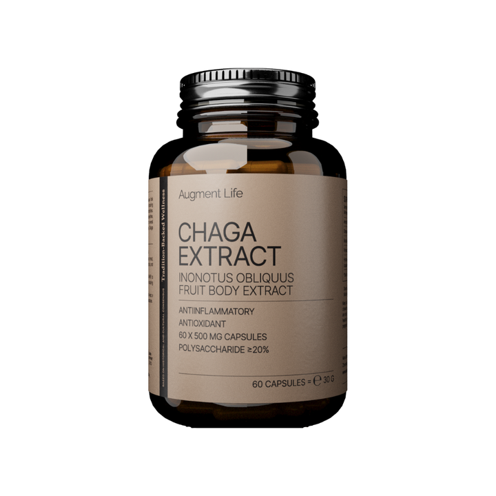 Bottle of Chaga Extract supplement on a white background