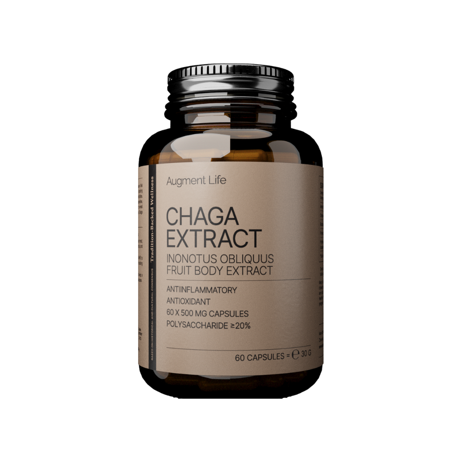 Bottle of Chaga Extract supplement on a white background