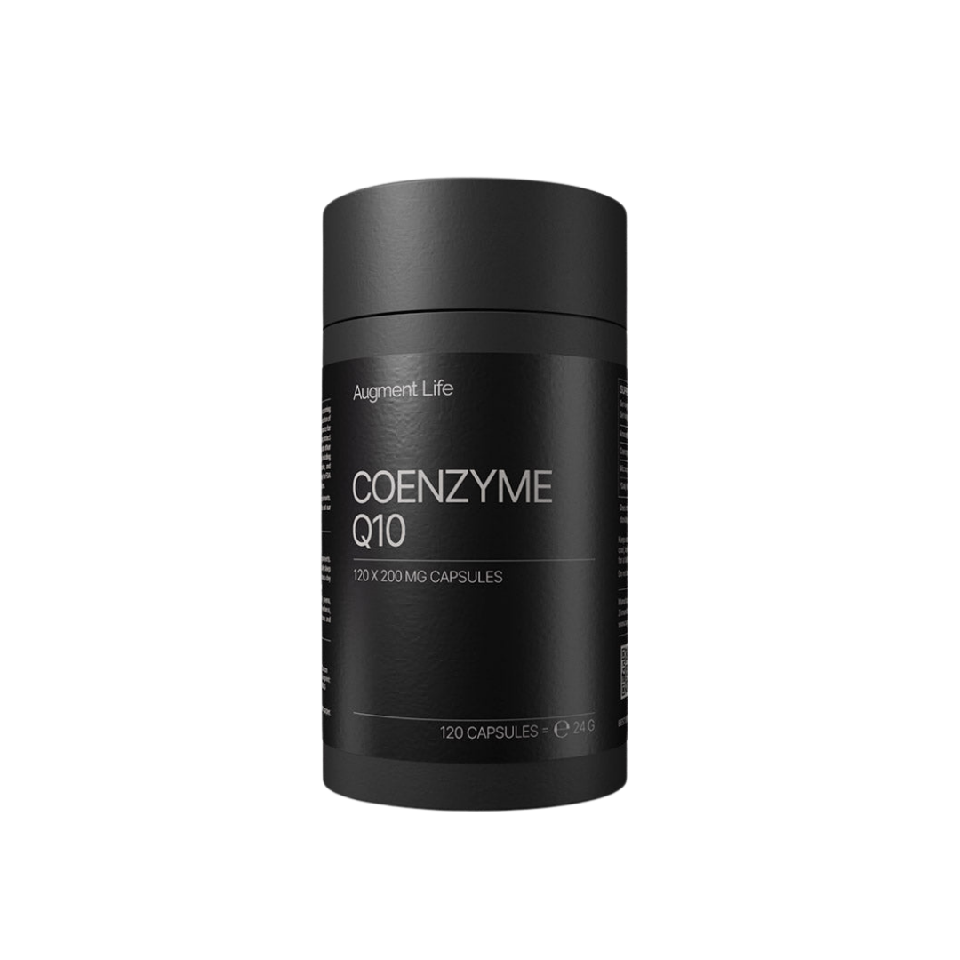 A black cylindrical supplement bottle labeled 'COENZYME Q10' by Augment Life, shown on a plain white background.