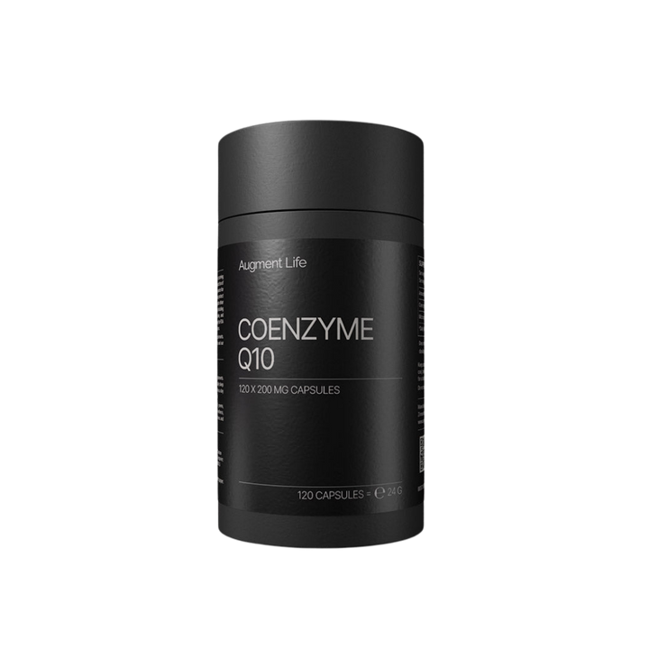 A black cylindrical supplement bottle labeled 'COENZYME Q10' by Augment Life, shown on a plain white background.