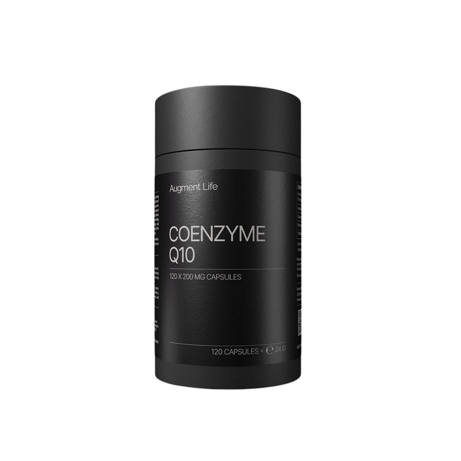 A black cylindrical supplement bottle labeled 'COENZYME Q10' by Augment Life, shown on a plain white background.