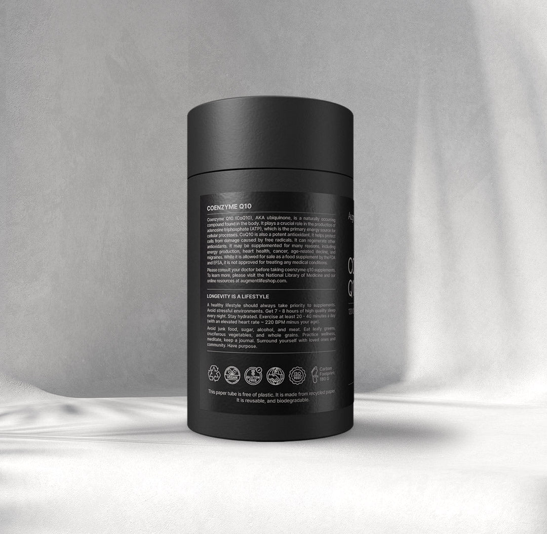 A black cylindrical supplement bottle labeled 'COENZYME Q10' by Augment Life, shown on a plain grey background.