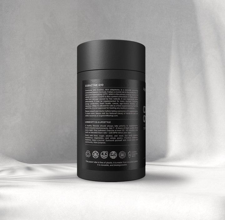 A black cylindrical supplement bottle labeled 'COENZYME Q10' by Augment Life, shown on a plain grey background.
